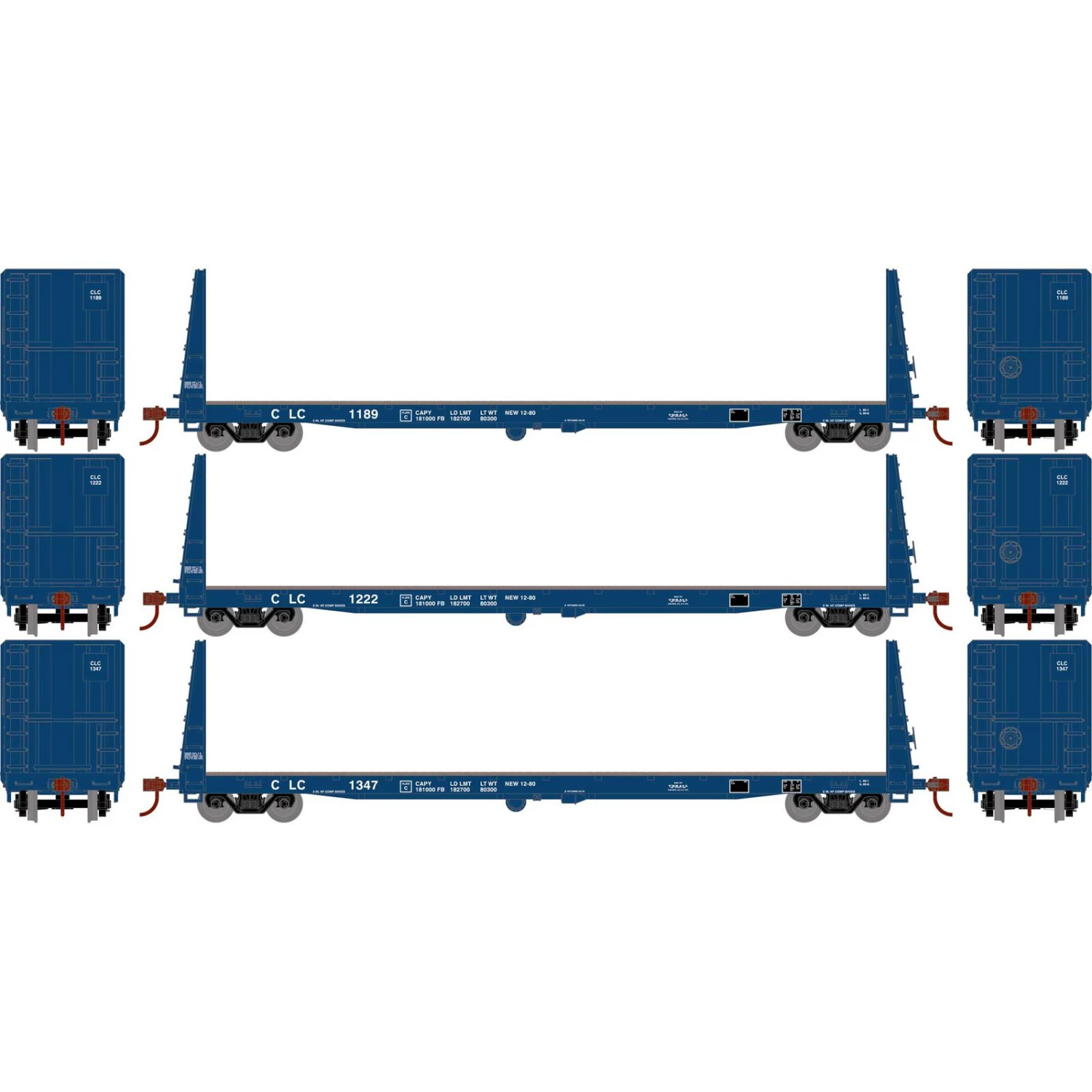 Athearn HO RTR 60' Bulkhead Flat, CLC (3) 3 Athearn HO RTR 60' Bulkhead Flat, CLC (3)