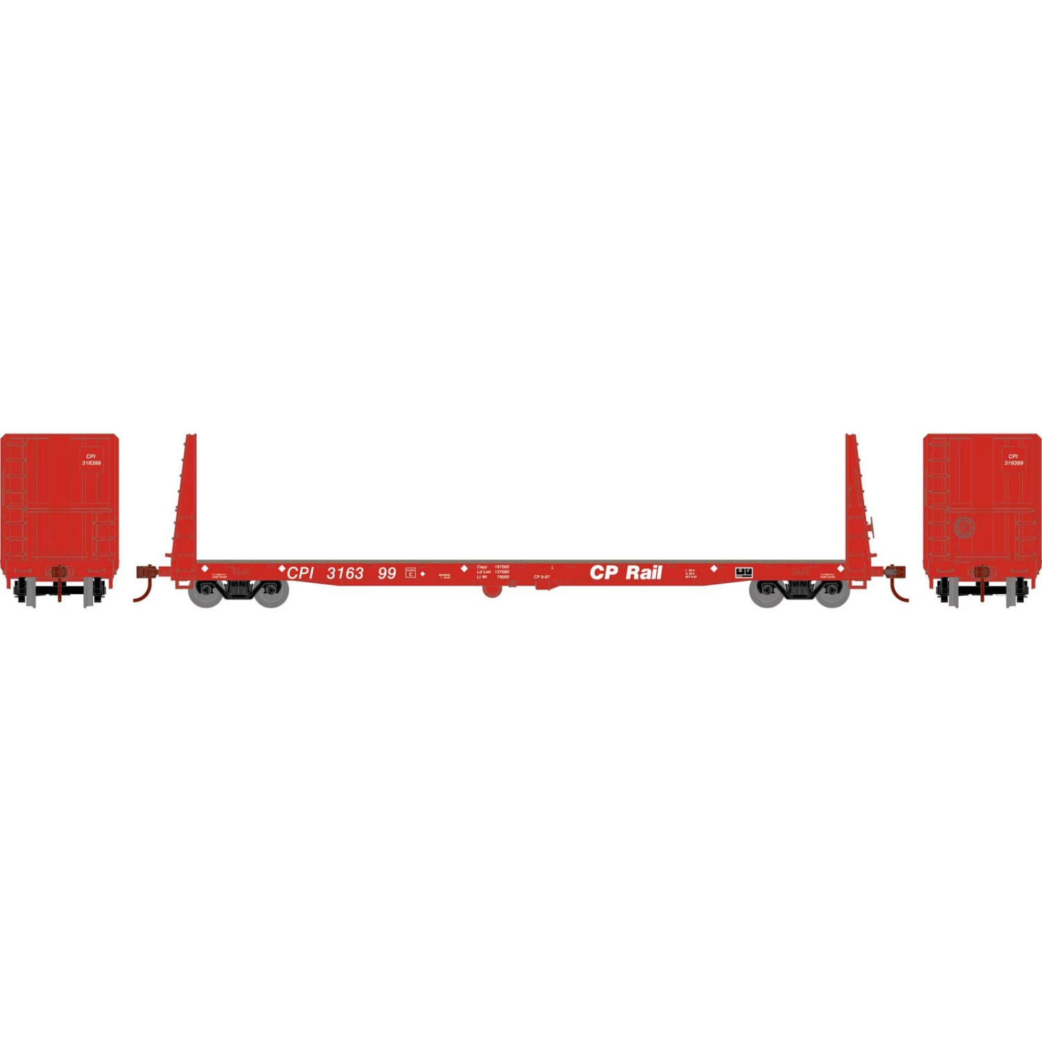 Athearn HO RTR 60' Bulkhead Flat, CPR #316399 3 Athearn HO RTR 60' Bulkhead Flat, CPR #316399