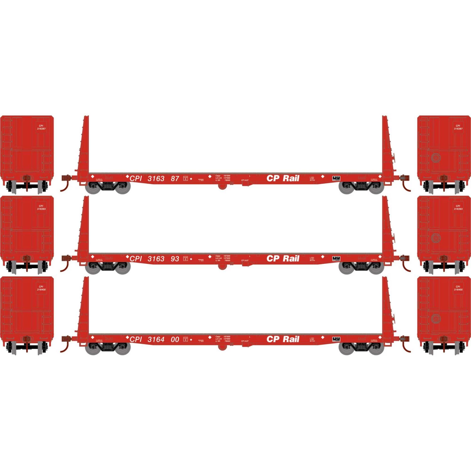 Athearn HO RTR 60' Bulkhead Flat, CPR (3) 3 Athearn HO RTR 60' Bulkhead Flat, CPR (3)