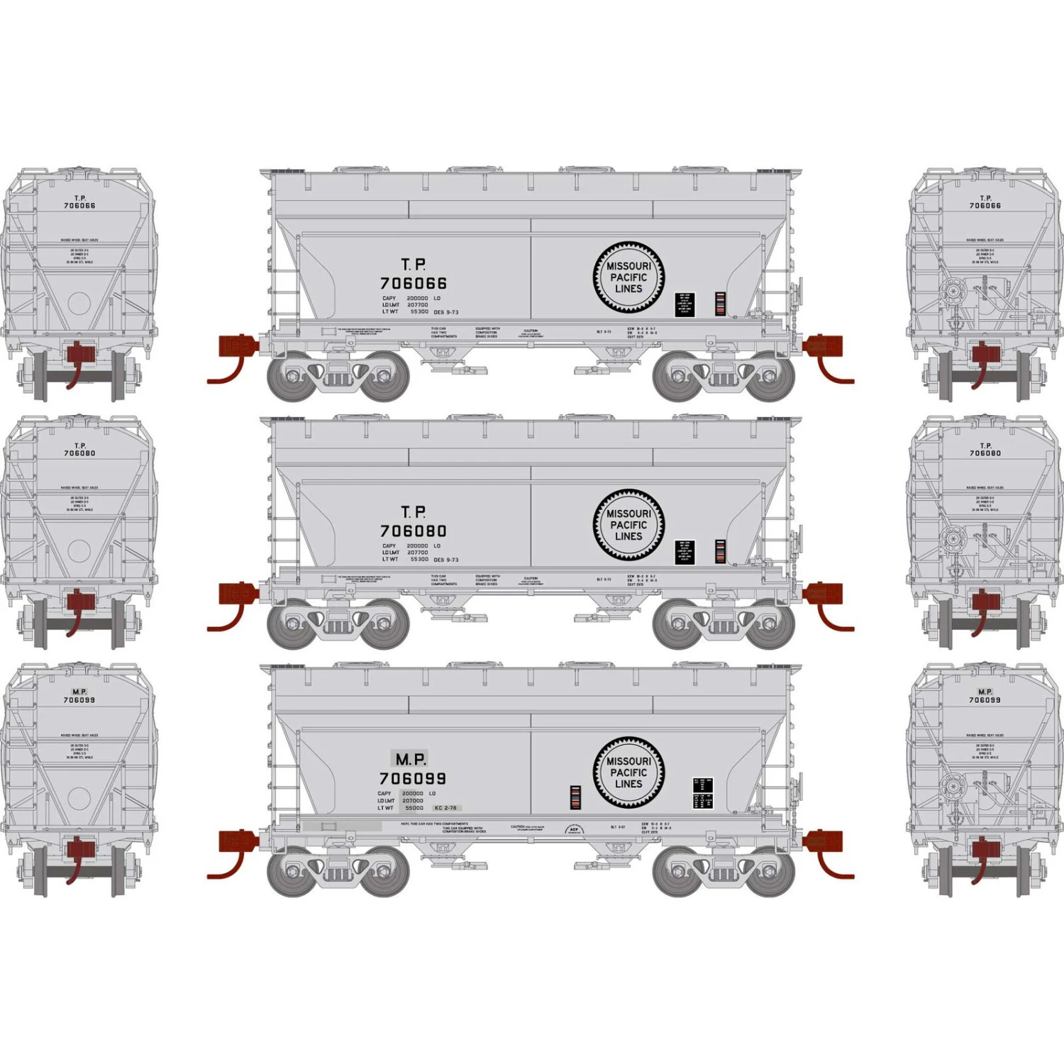 Athearn N ACF 2970 Covered Hopper, MP/TP (3) 3 Athearn N ACF 2970 Covered Hopper, MP/TP (3)