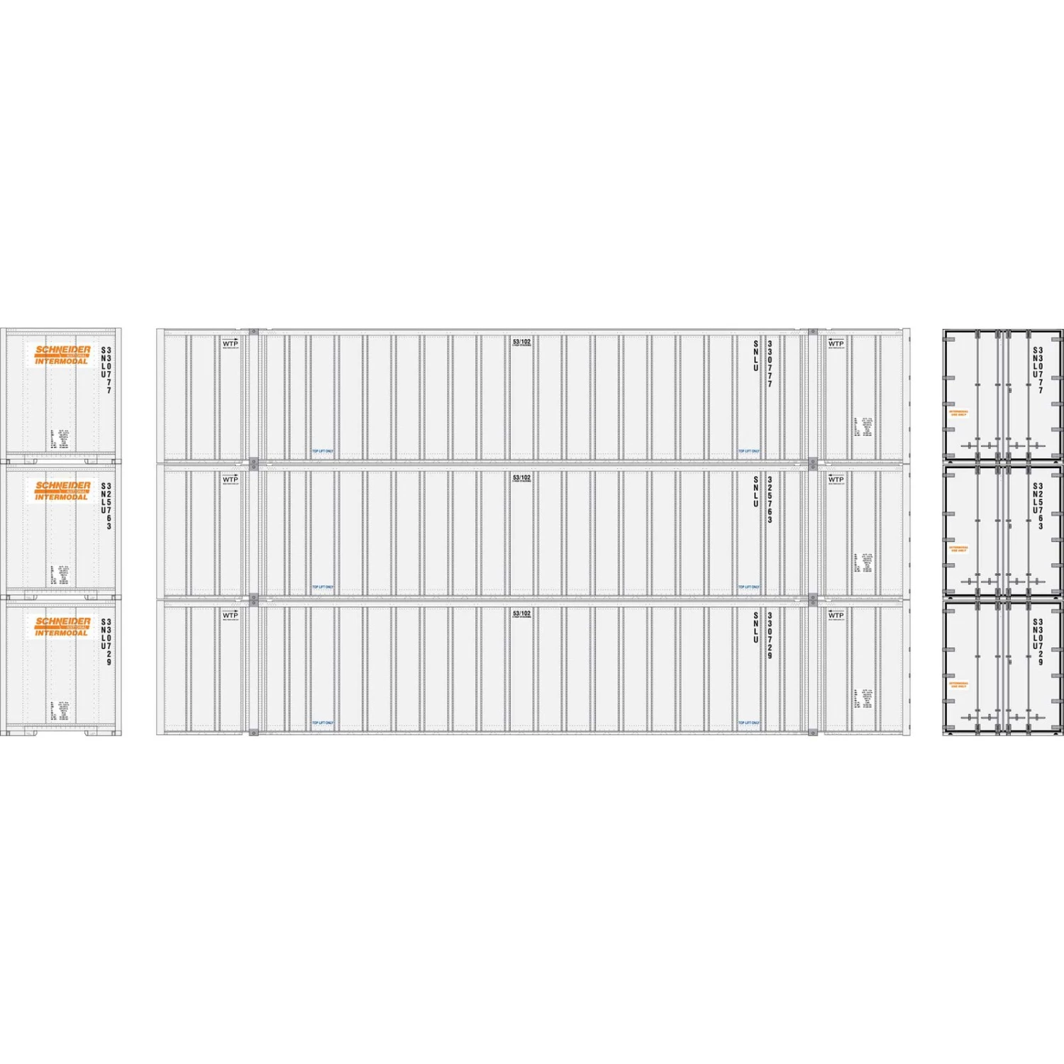 Athearn HO RTR 53' Stoughton Containers, Schneider # 1 (3) 3 Athearn HO RTR 53' Stoughton Containers, Schneider # 1 (3)