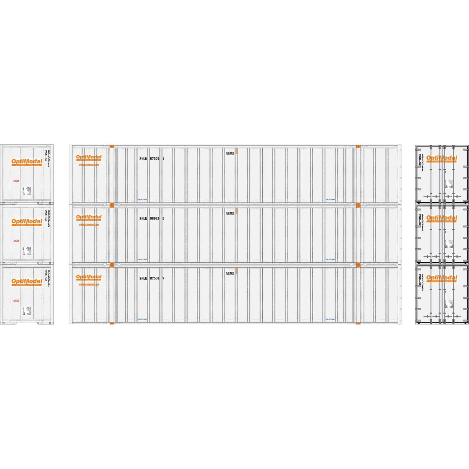Athearn HO RTR 53' Stoughton Containers, Optimodal # 2 (3) 3 Athearn HO RTR 53' Stoughton Containers, Optimodal # 2 (3)
