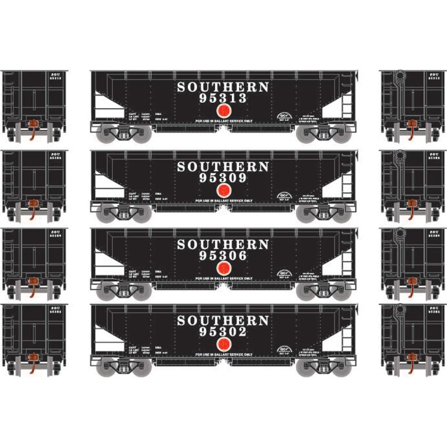 Athearn HO RTR 40' Offset Ballast Hopper with Load, SOU #1 (4) 3 Athearn HO RTR 40' Offset Ballast Hopper with Load, SOU #1 (4)