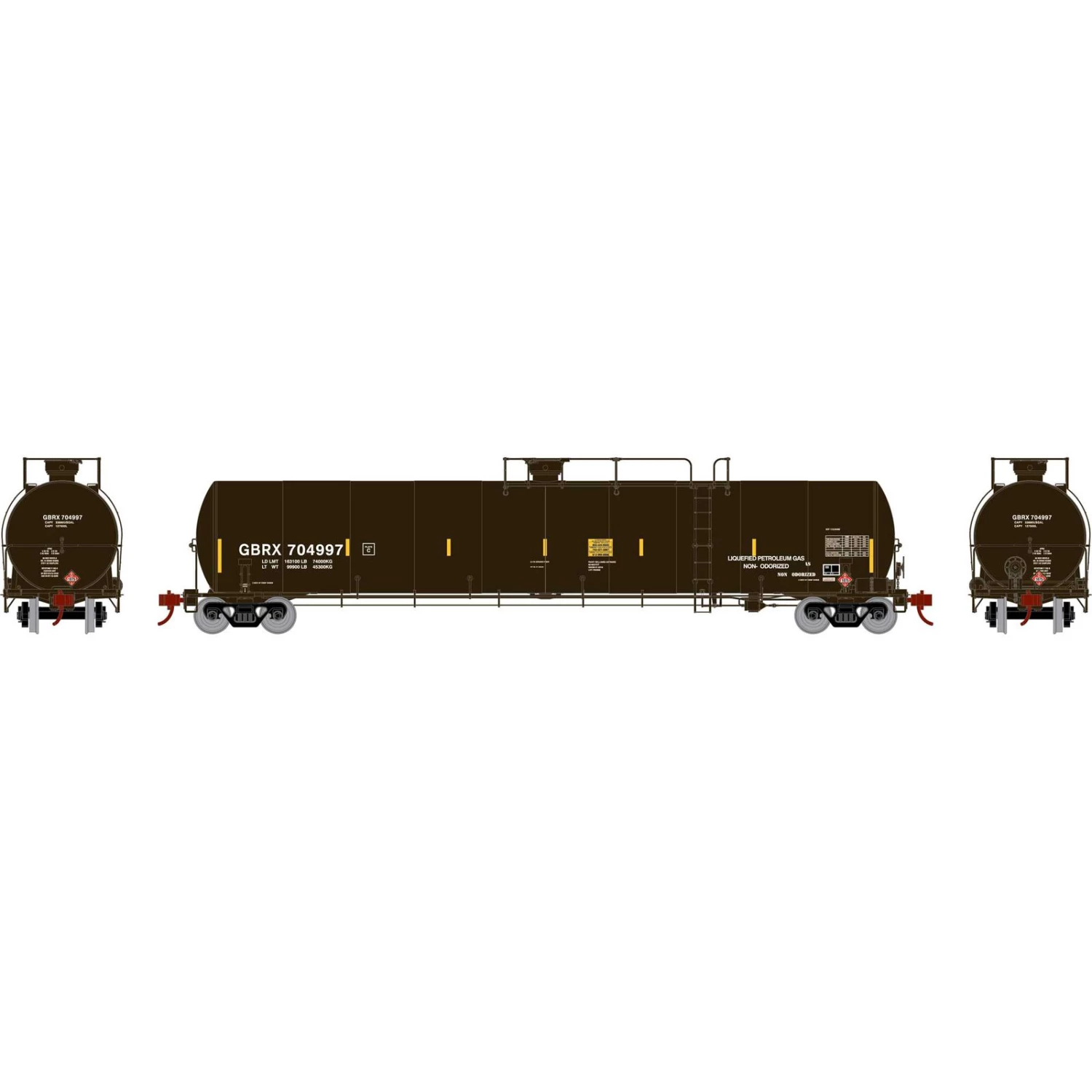 Athearn HO 33,900-Gallon LPG Tank/Late, GBRX #704997 3 Athearn HO 33,900-Gallon LPG Tank/Late, GBRX #704997