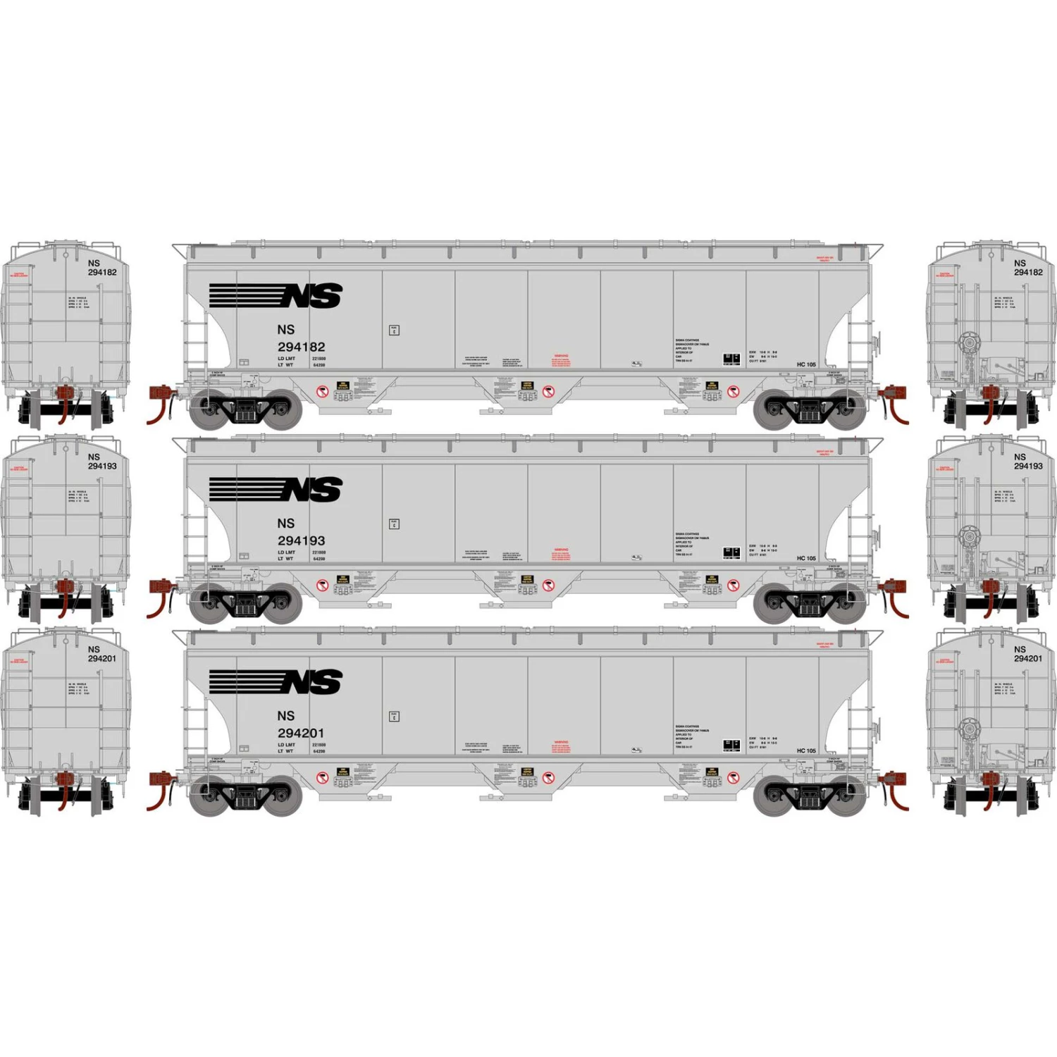 Athearn HO Trinity 3-Bay Hoppers, NS # 1 (3) 3 Athearn HO Trinity 3-Bay Hoppers, NS # 1 (3)