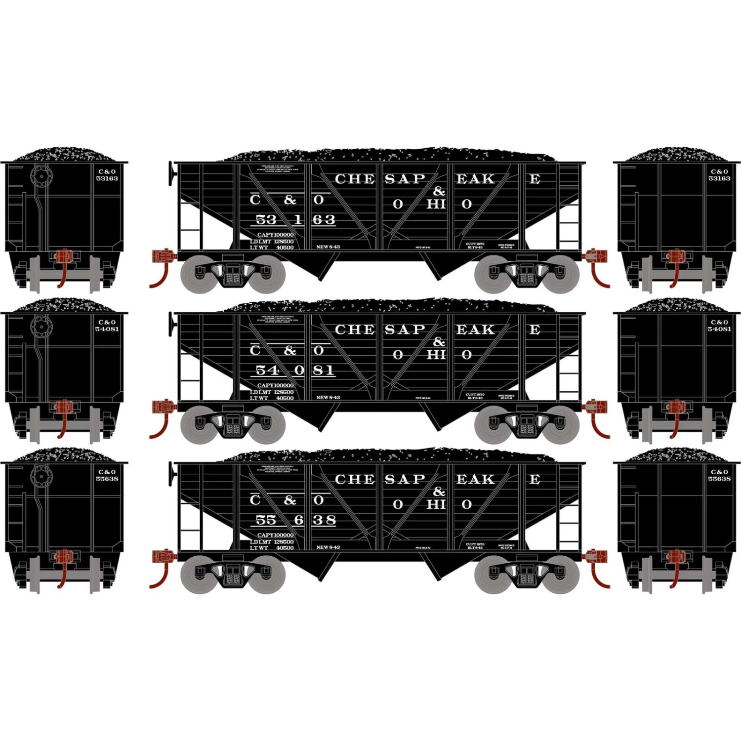 Athearn HO 34' 2-Bay Composite Coal Hopper with Load, C&O (3) 3 Athearn HO 34' 2-Bay Composite Coal Hopper with Load, C&O (3)